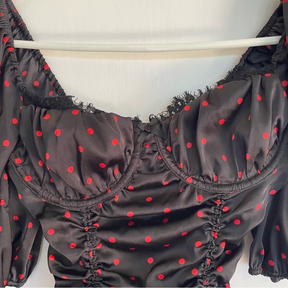 For Love and Lemons Melrose Polka Dot Dress Black Red Ruched Satin Blogger Fav S - Picture 8 of 15